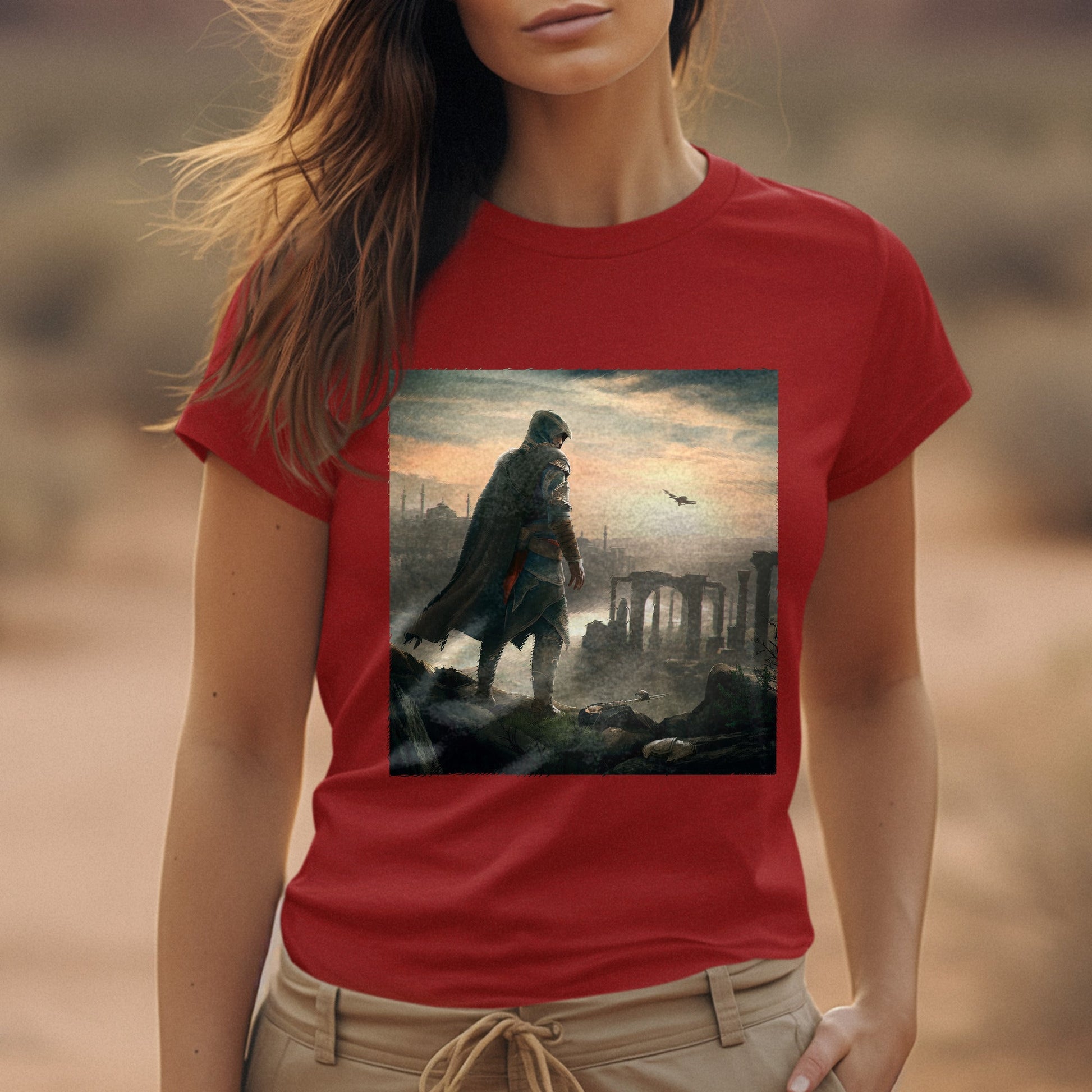 Assassin's Creed Revelations Ezio promo art tee worn by a model, red