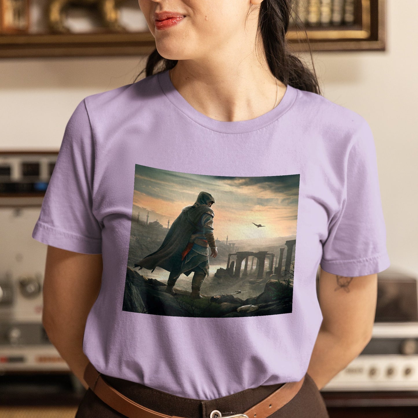 Assassin's Creed Revelations Ezio promo art tee worn by a model, violet