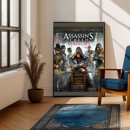 Assassin's Creed Syndicate cover art with logo framed beside a blue armchair in a sunlit room
