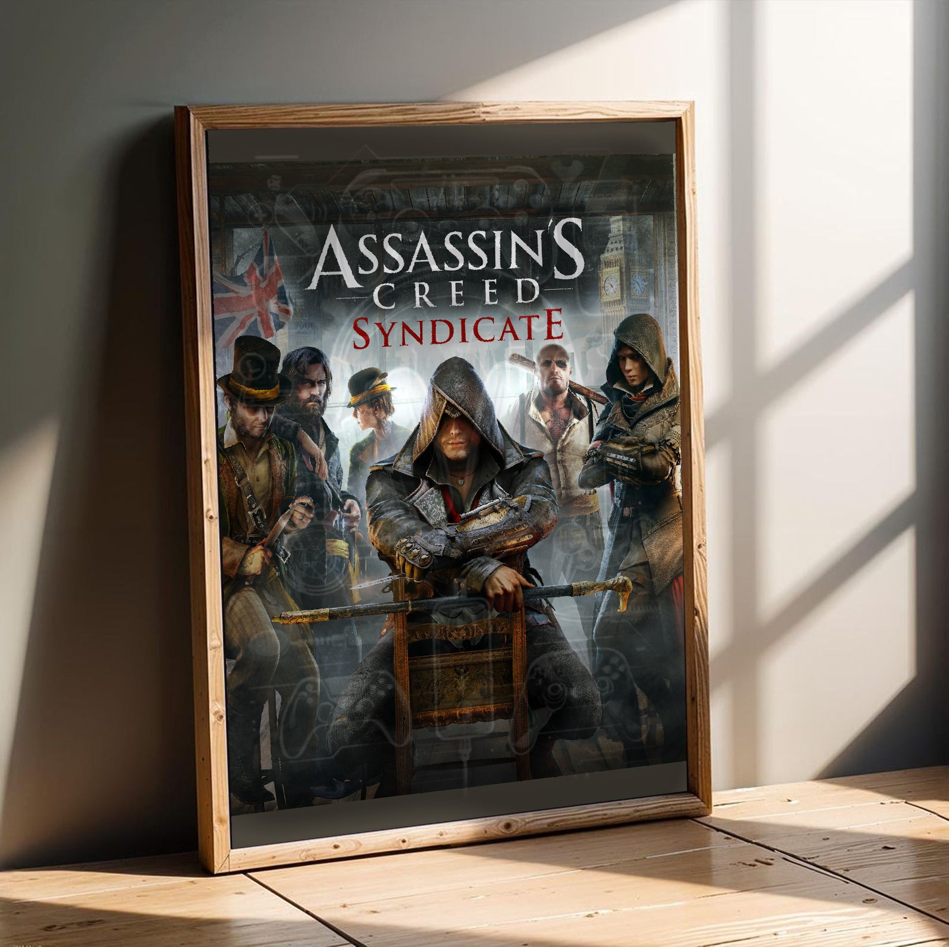 Assassin's Creed Syndicate cover art with logo in an oak frame leaning on a wooden floor