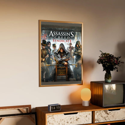 Assassin's Creed Syndicate cover art with logo in an oak frame above a sideboard