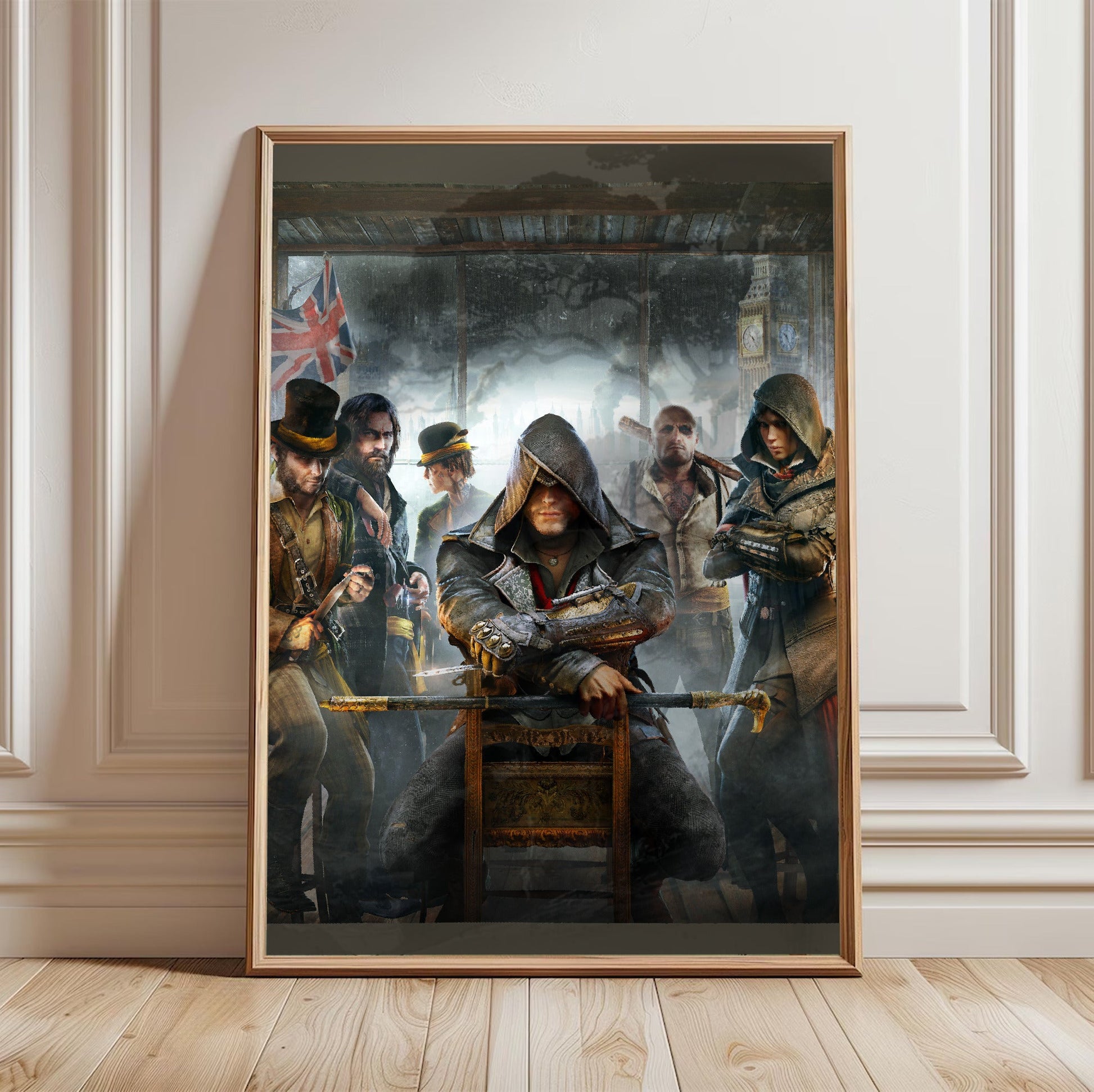 Assassin's Creed Syndicate cover art in a light oak frame leaning against a white wall