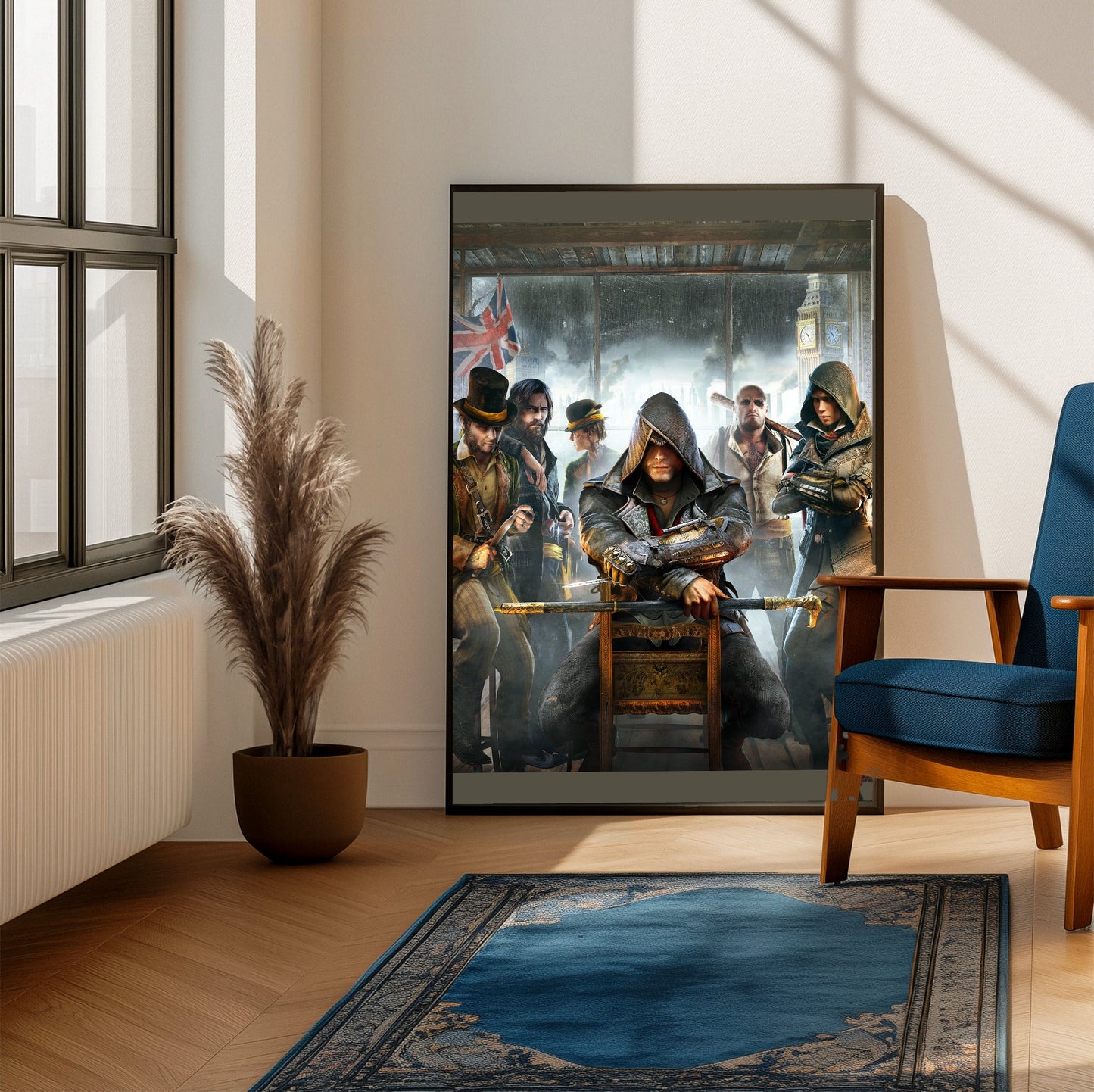 Assassin's Creed Syndicate cover art framed beside a blue armchair in a sunlit room