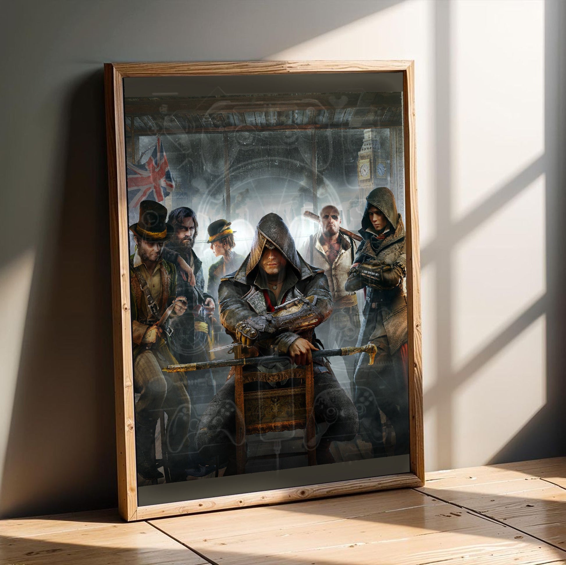 Assassin's Creed Syndicate cover art in an oak frame leaning on a wooden floor