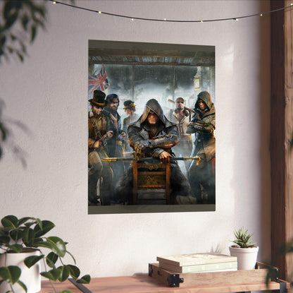 Assassin's Creed Syndicate cover art unframed on a white wall above a desk