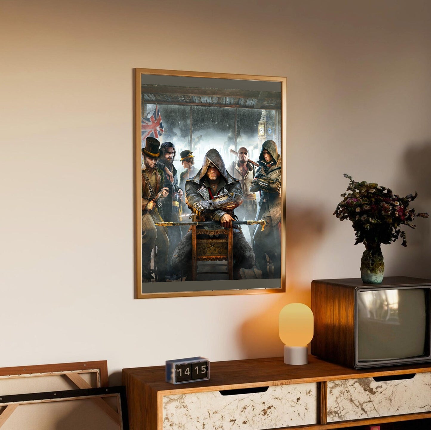 Assassin's Creed Syndicate cover art in an oak frame above a sideboard