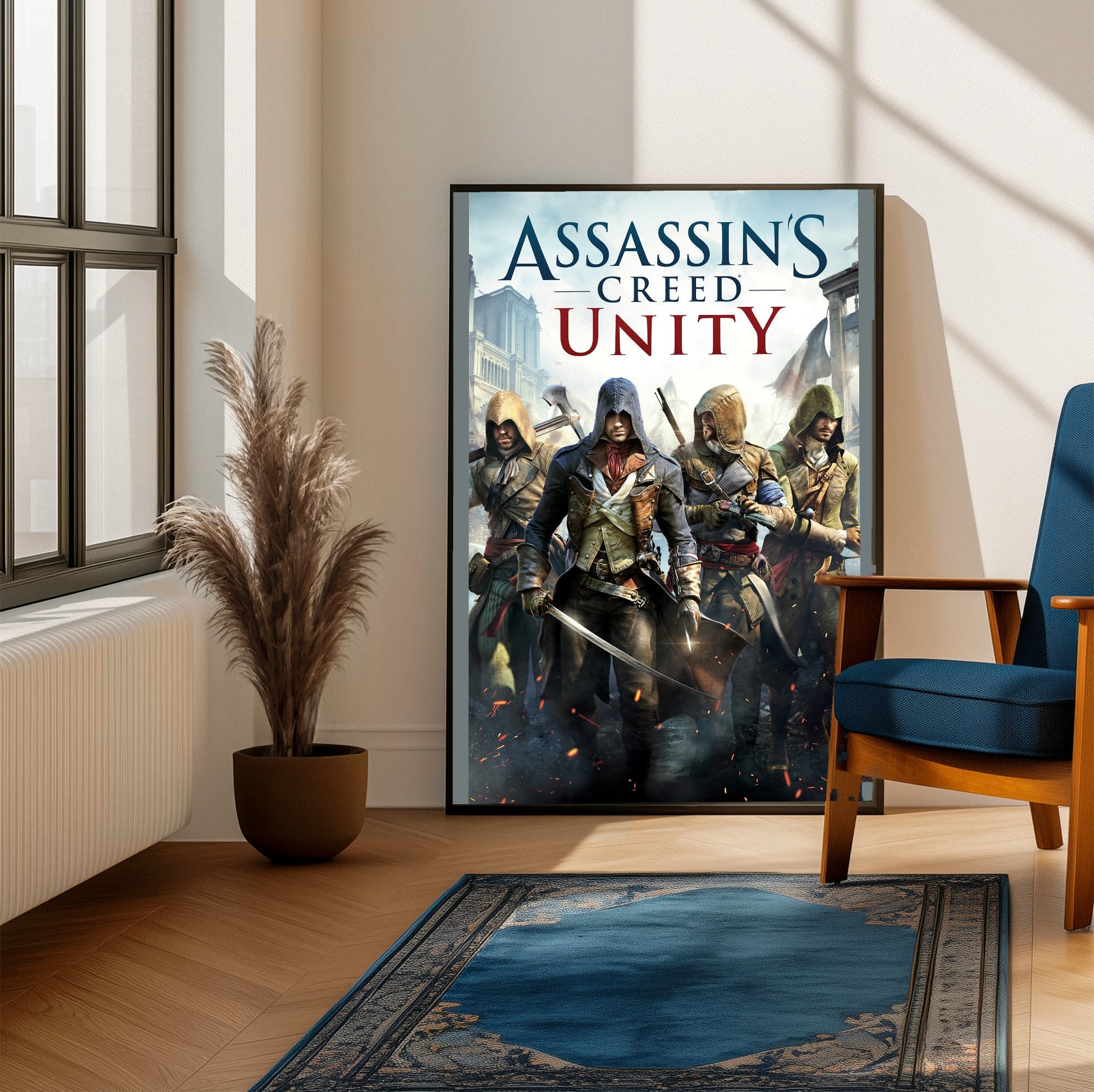 Assassin's Creed Unity cover art framed beside a blue armchair in a sunlit room