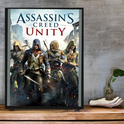 Assassin's Creed Unity cover art in a black frame on a wooden shelf against concrete