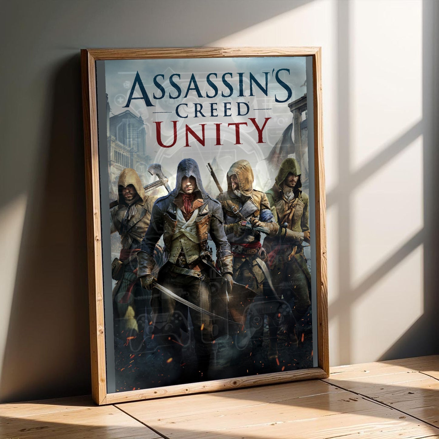 Assassin's Creed Unity cover art in an oak frame leaning on a wooden floor