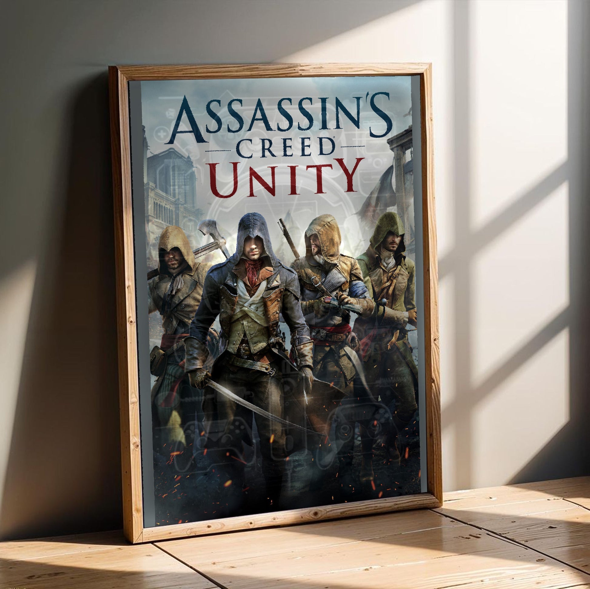 Assassin's Creed Unity cover art in an oak frame leaning on a wooden floor