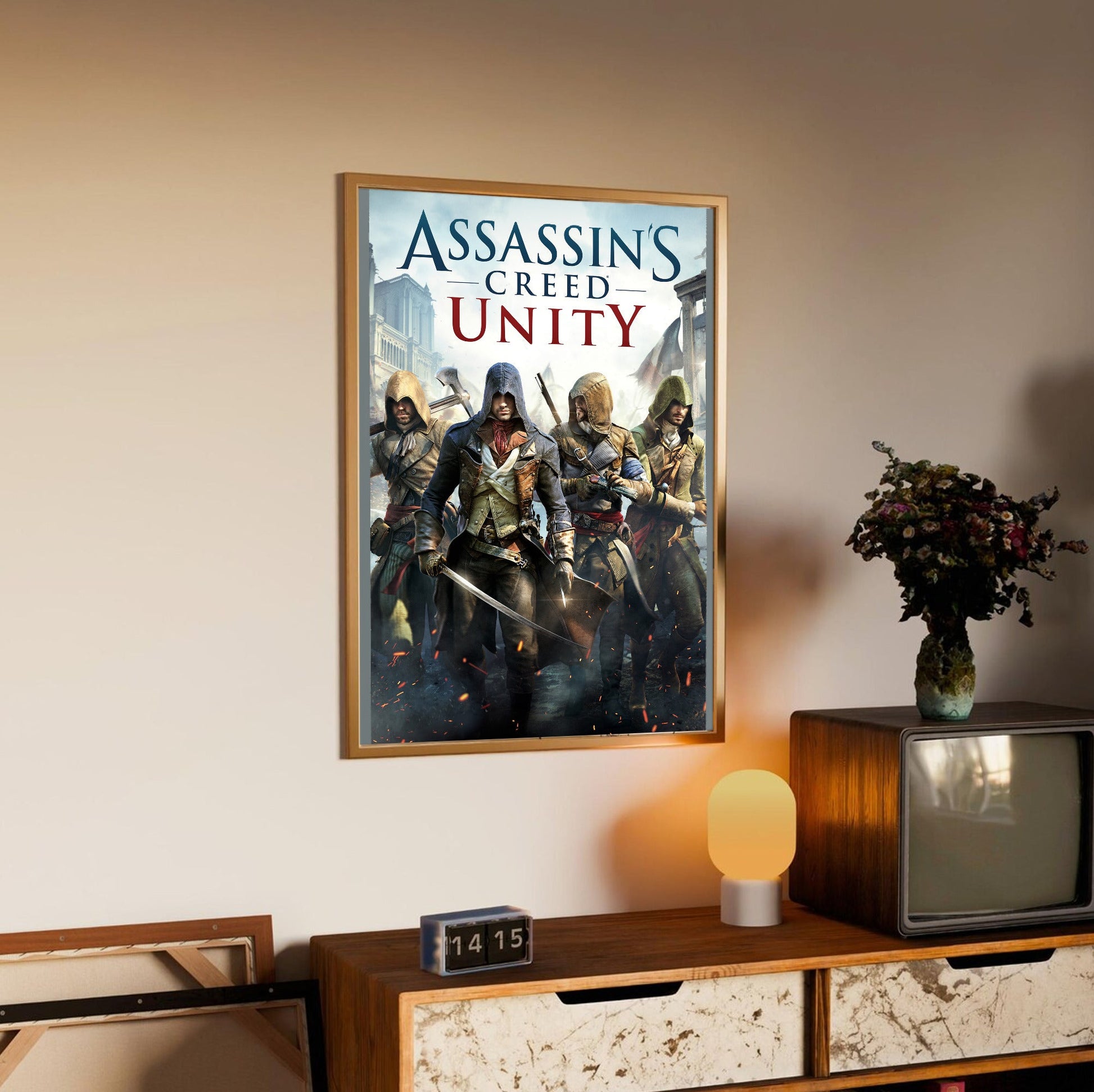 Assassin's Creed Unity cover art in an oak frame above a sideboard