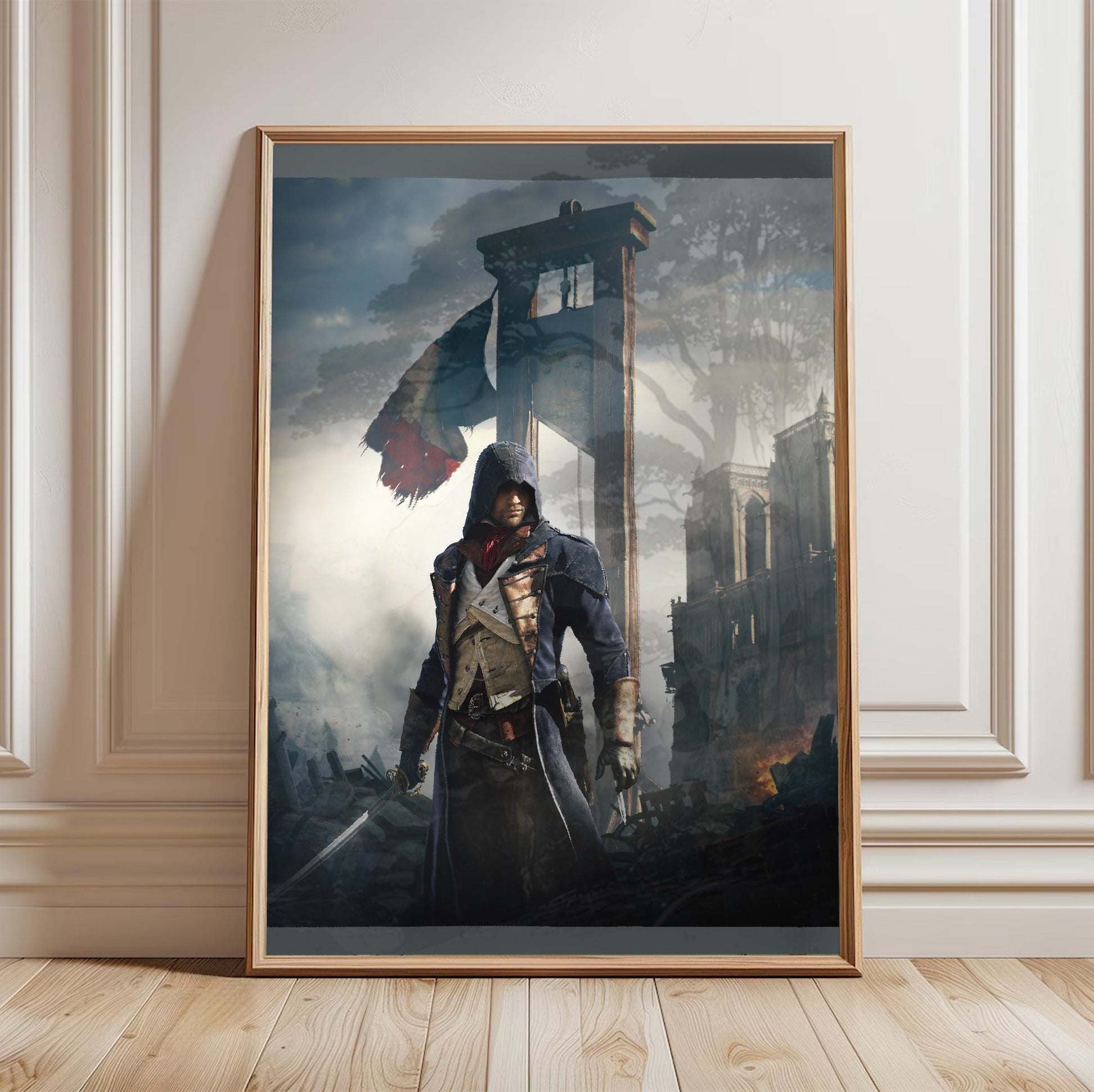 Assassin's Creed Unity alternative key art in a light oak frame leaning against a white wall