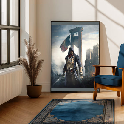 Assassin's Creed Unity alternative key art framed beside a blue armchair in a sunlit room