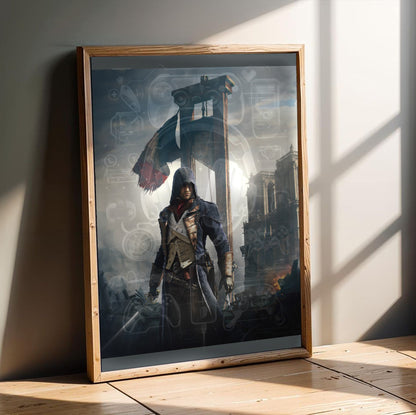 Assassin's Creed Unity alternative key art in an oak frame leaning on a wooden floor