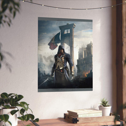 Assassin's Creed Unity alternative key art unframed on a white wall above a desk