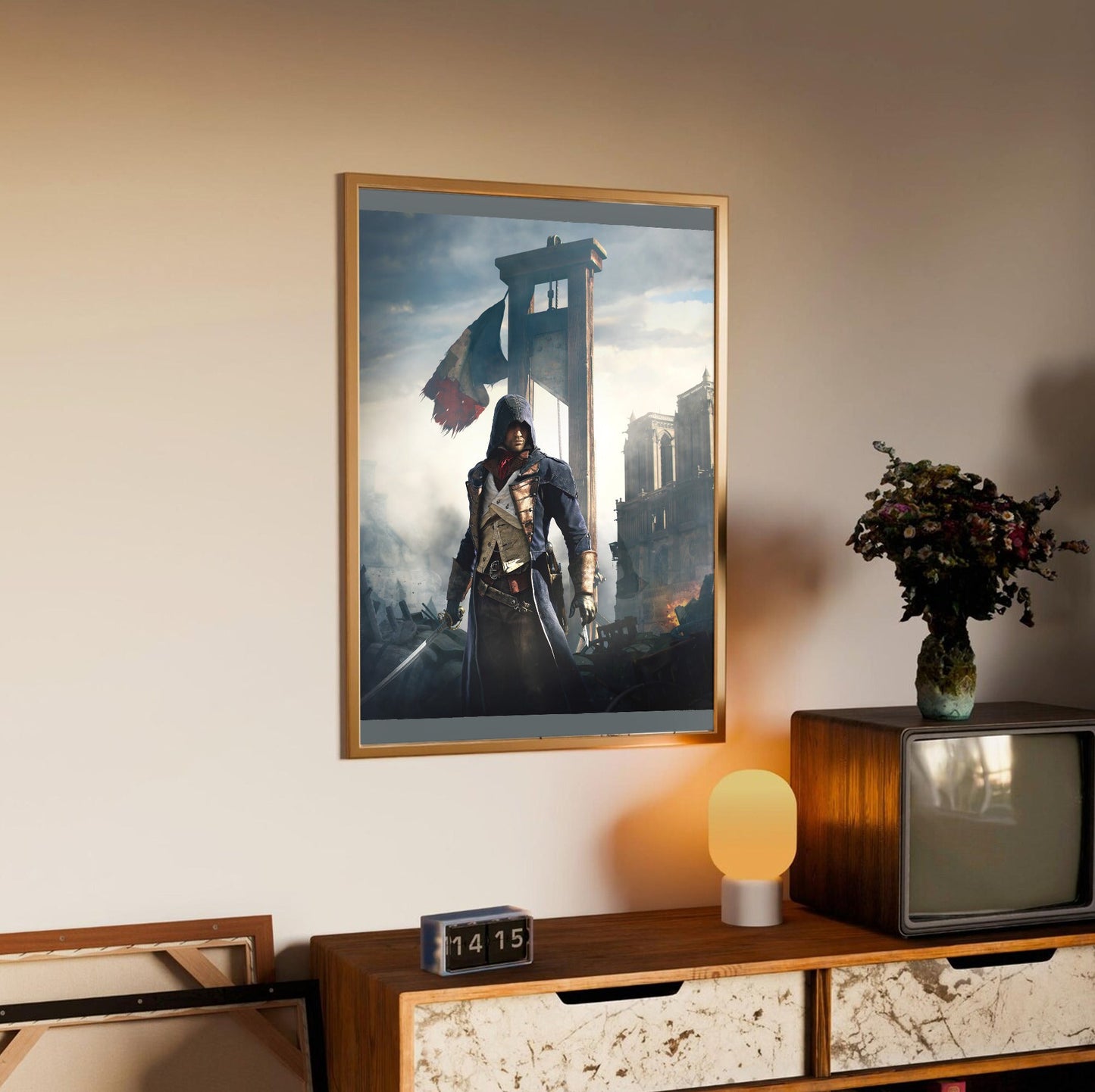 Assassin's Creed Unity alternative key art in an oak frame above a sideboard