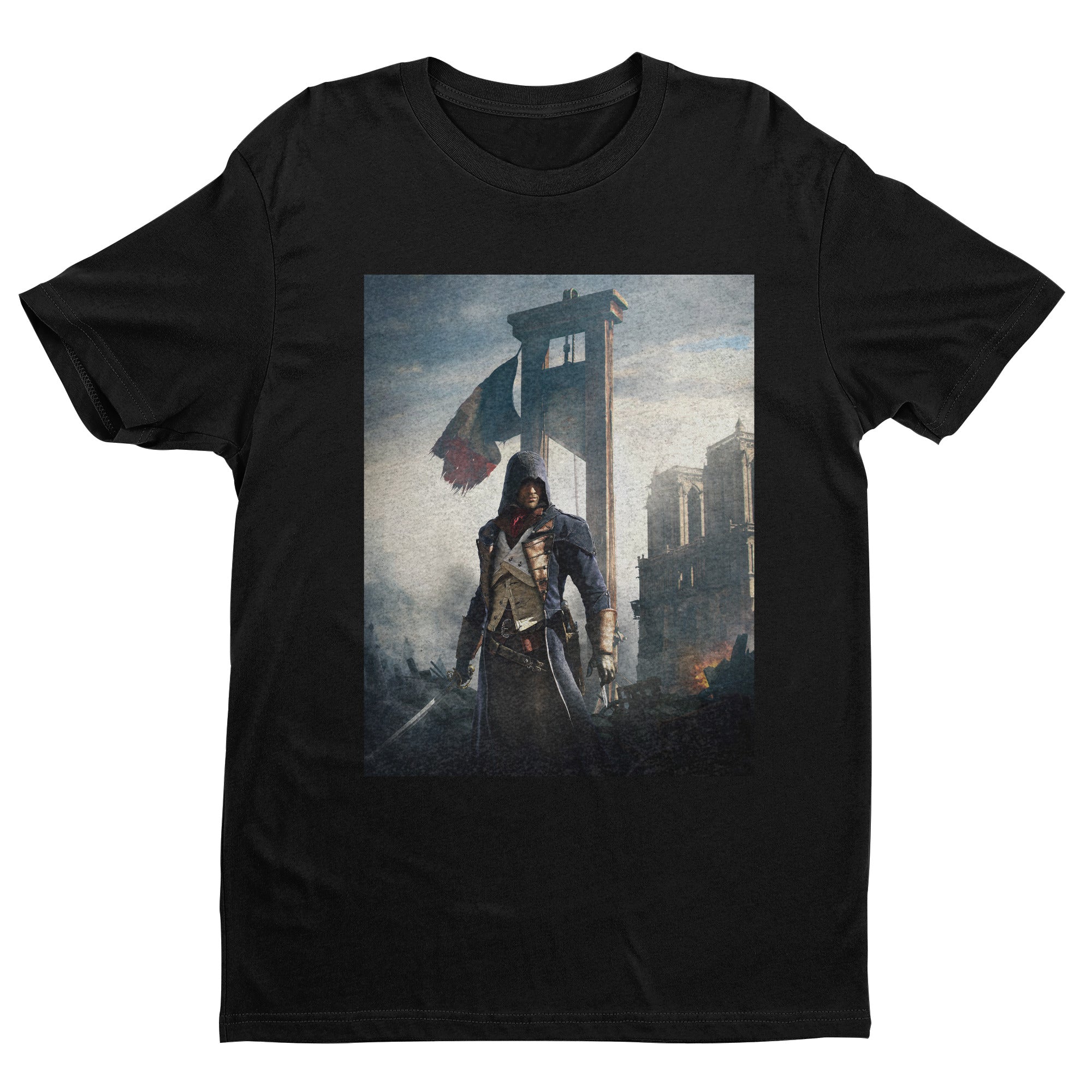 Assassin's Creed Unity alternate key art tee - black unisex t-shirt, front view