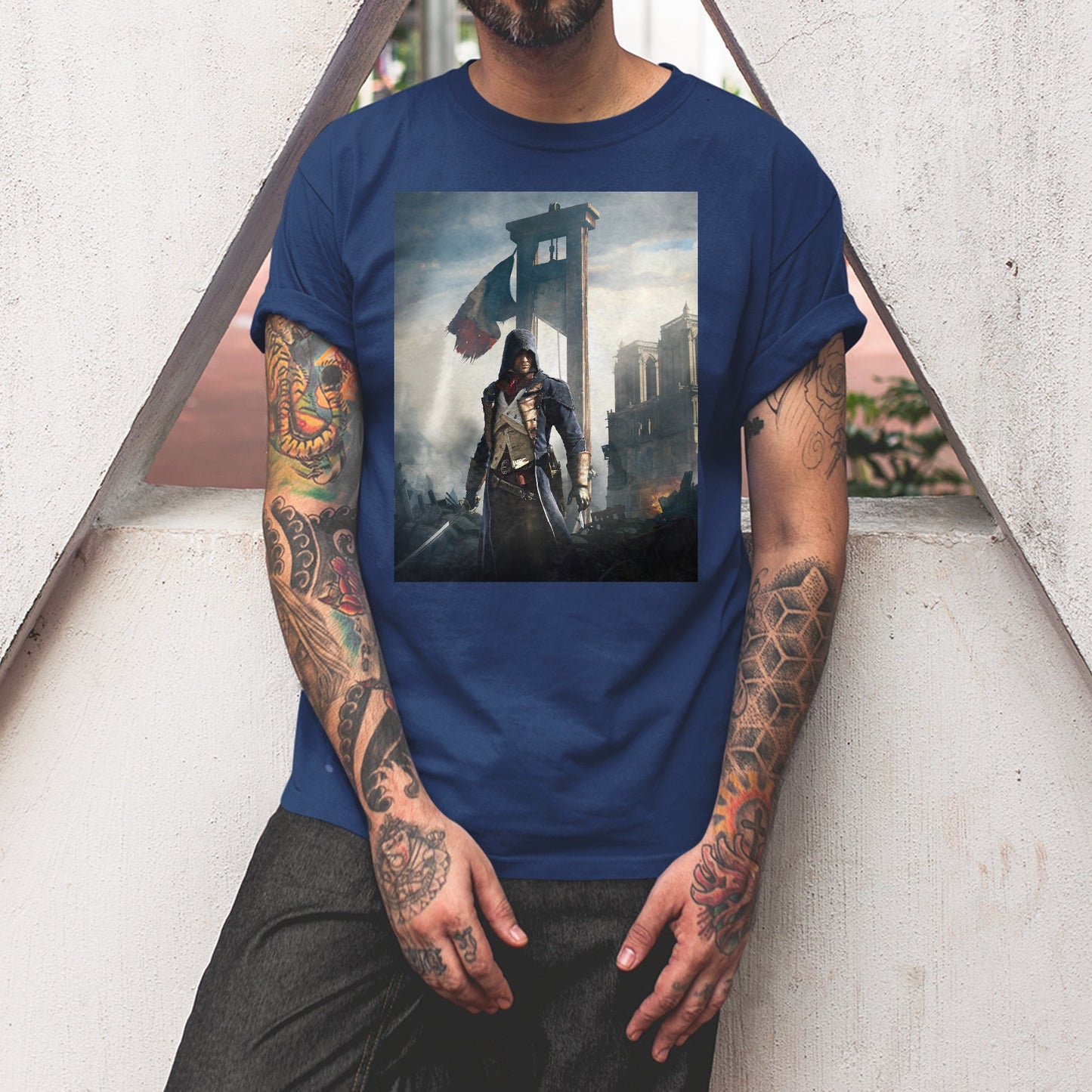Assassin's Creed Unity alternate key art tee worn by a model, navy