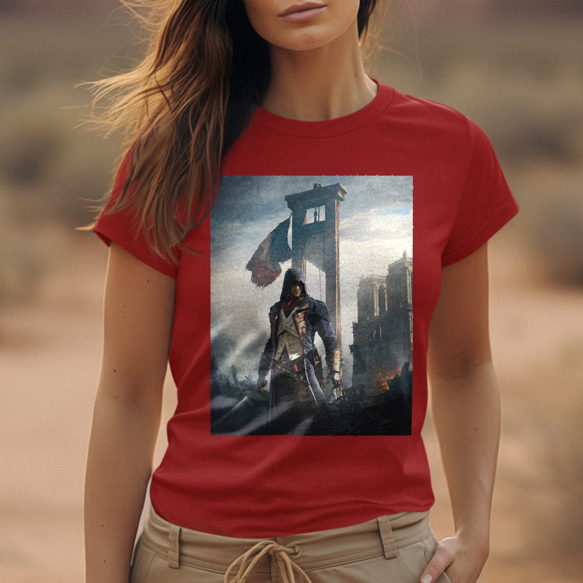 Assassin's Creed Unity alternate key art tee worn by a model, red