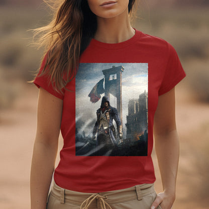 Assassin's Creed Unity alternate key art tee worn by a model, red