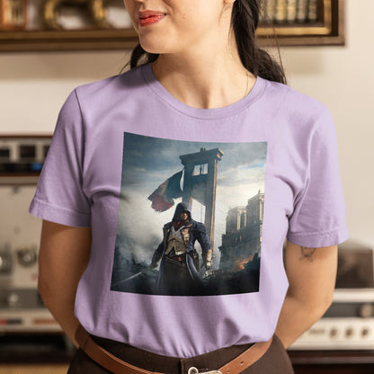 Assassin's Creed Unity alternate key art tee worn by a model, violet