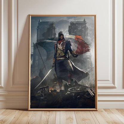 Assassin's Creed Unity key artwork in a light oak frame leaning against a white wall