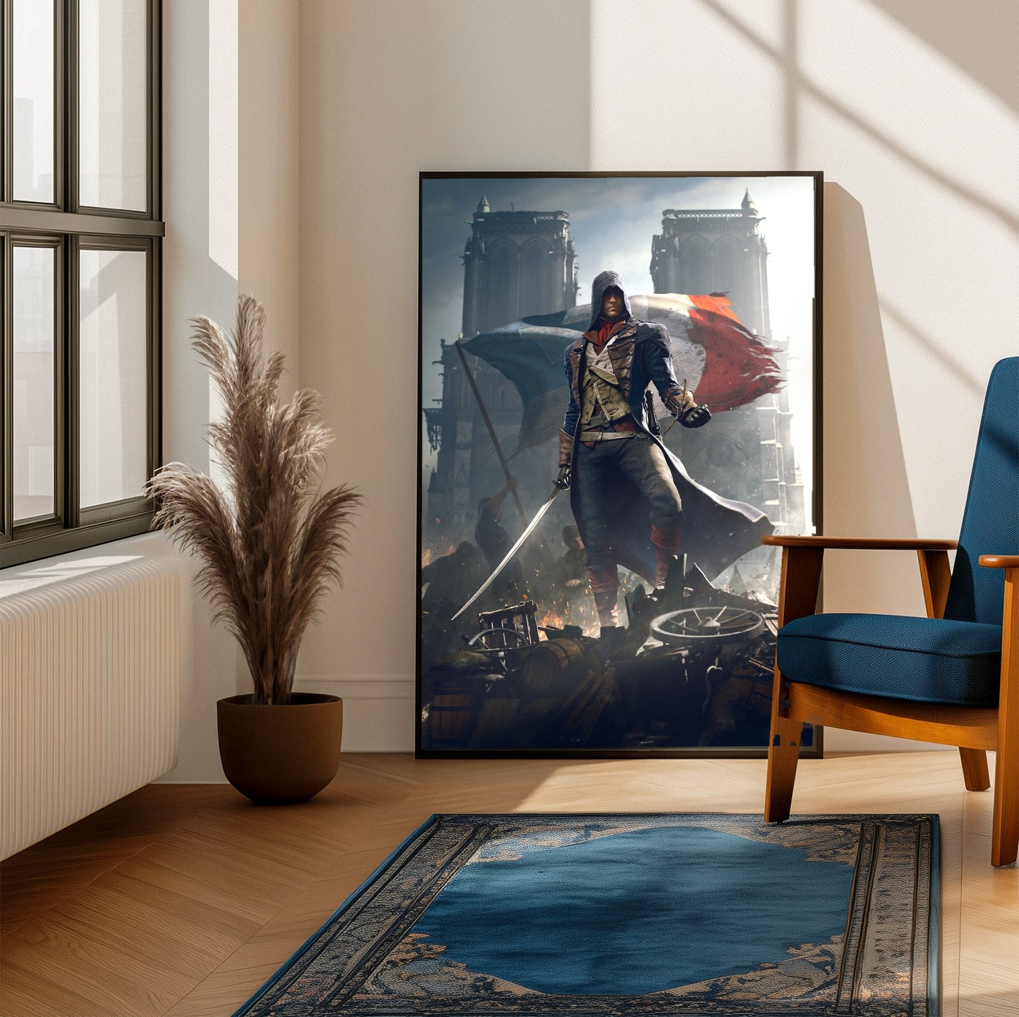Assassin's Creed Unity key artwork framed beside a blue armchair in a sunlit room