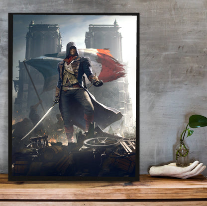 Assassin's Creed Unity key artwork in a black frame on a wooden shelf against concrete
