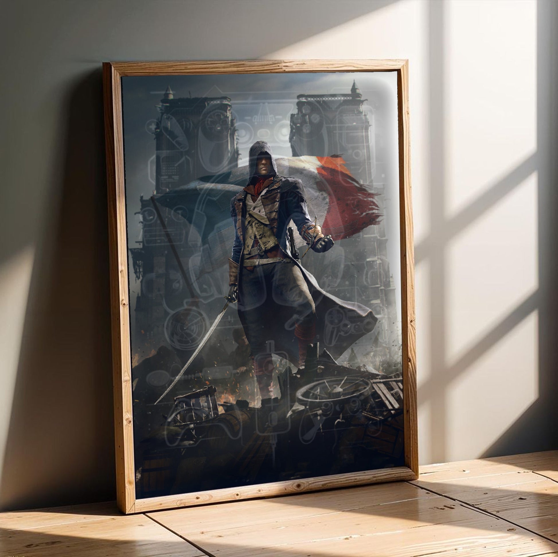 Assassin's Creed Unity key artwork in an oak frame leaning on a wooden floor