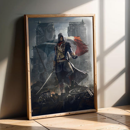 Assassin's Creed Unity key artwork in an oak frame leaning on a wooden floor