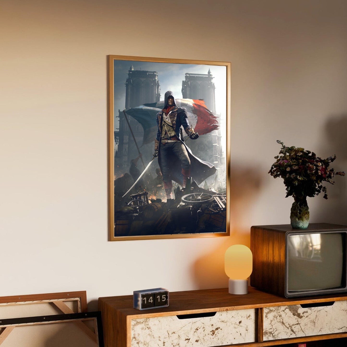 Assassin's Creed Unity key artwork in an oak frame above a sideboard