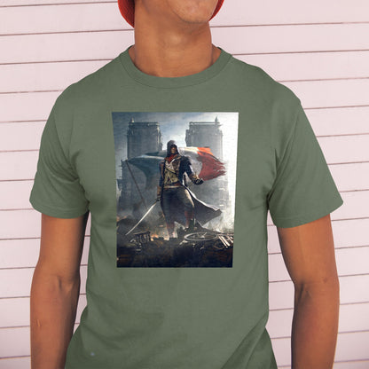 Assassin's Creed Unity key artwork tee worn by a model in a cap, green