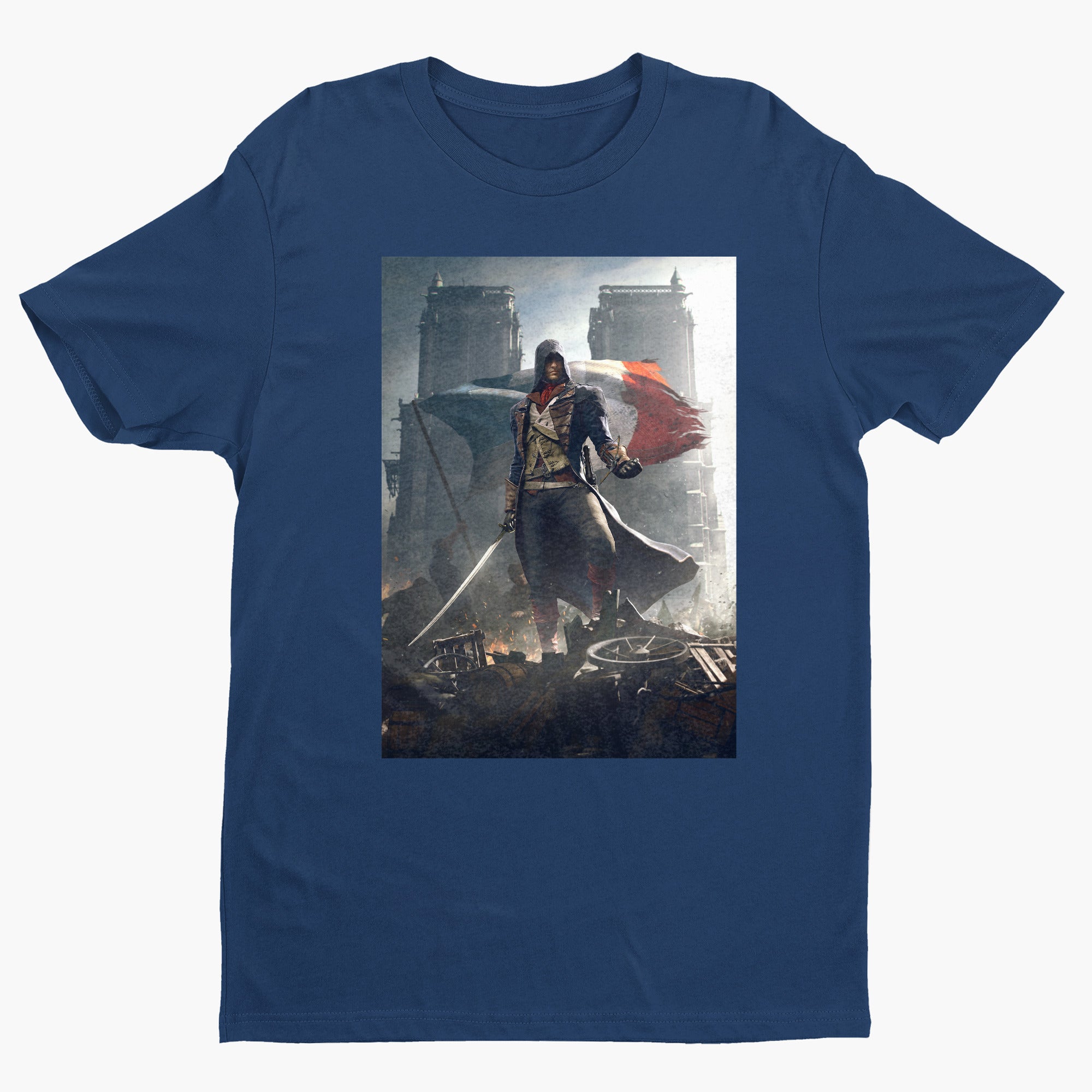 Assassin's Creed Unity key artwork tee - navy unisex t-shirt, front view