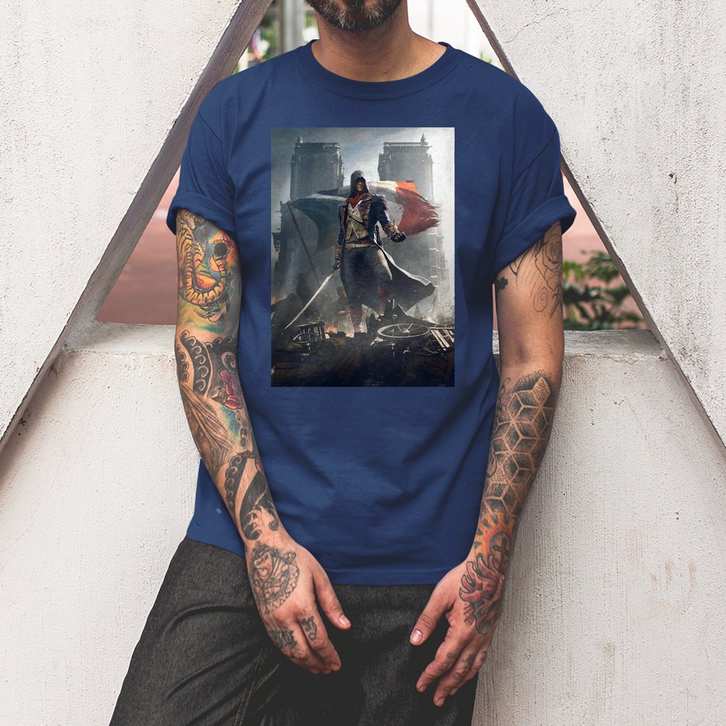 Assassin's Creed Unity key artwork tee worn by a model, navy