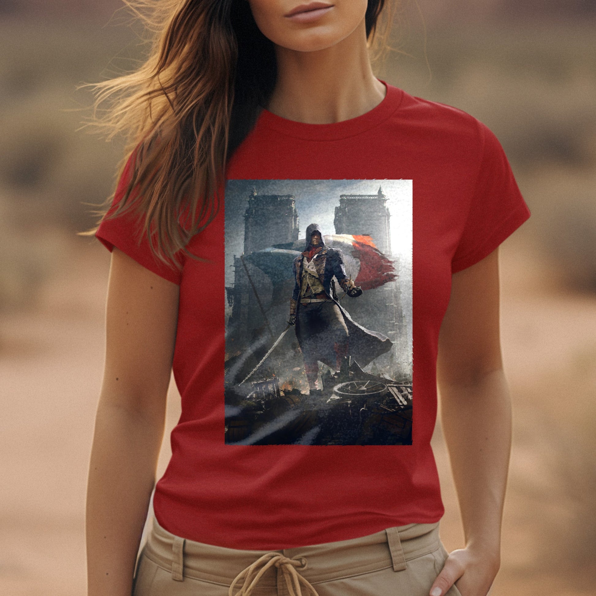 Assassin's Creed Unity key artwork tee worn by a model, red