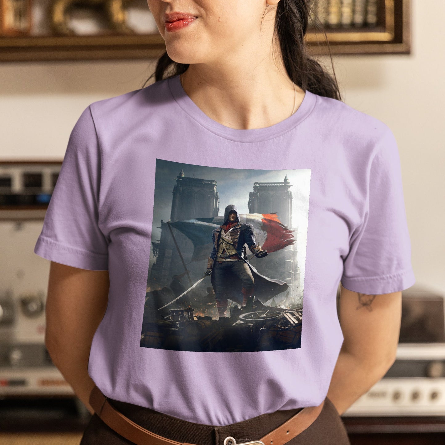 Assassin's Creed Unity key artwork tee worn by a model, violet