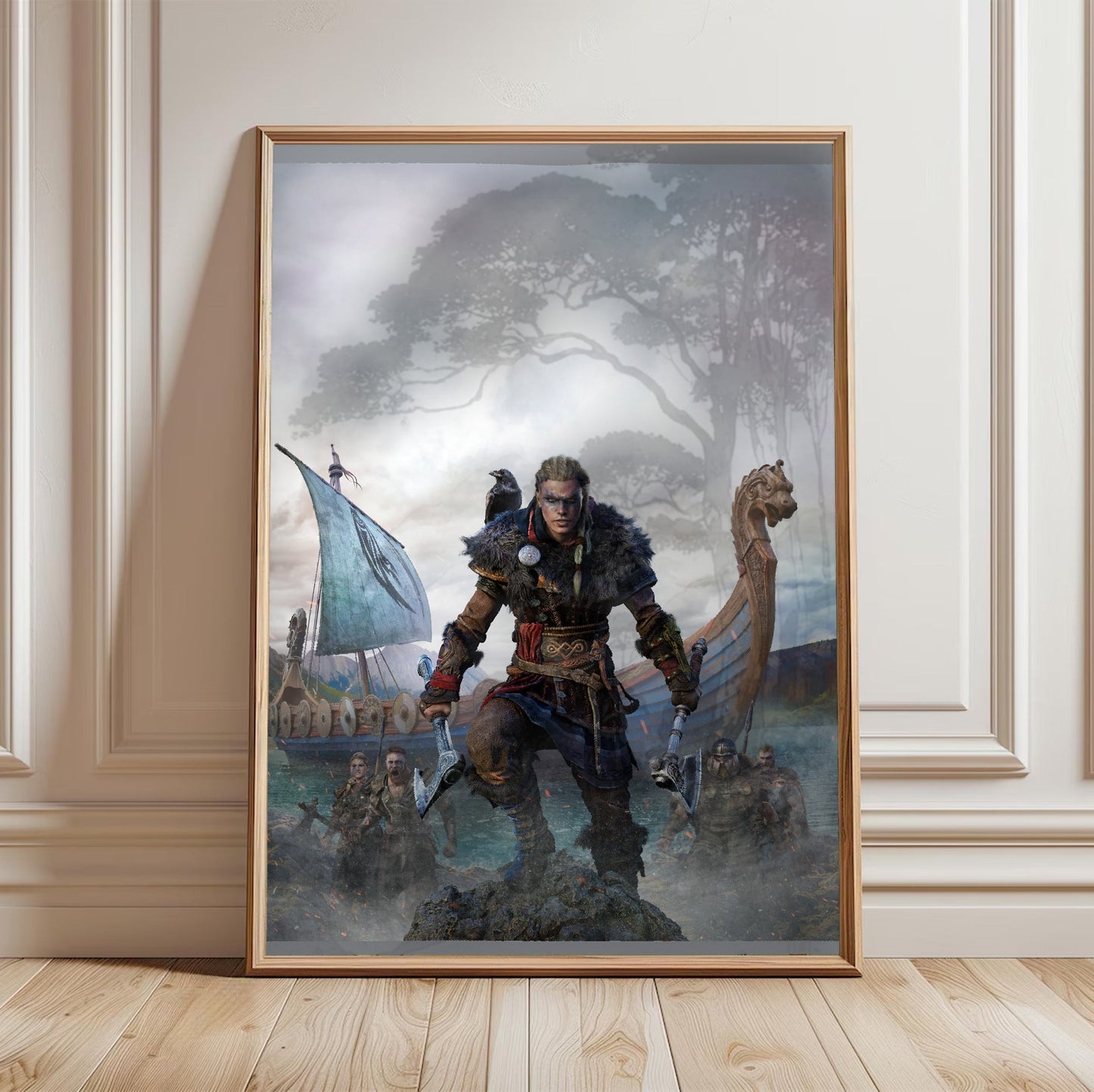 Assassin's Creed Valhalla female Eivor cover art in a light oak frame leaning against a white wall