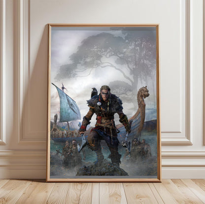 Assassin's Creed Valhalla female Eivor cover art in a light oak frame leaning against a white wall