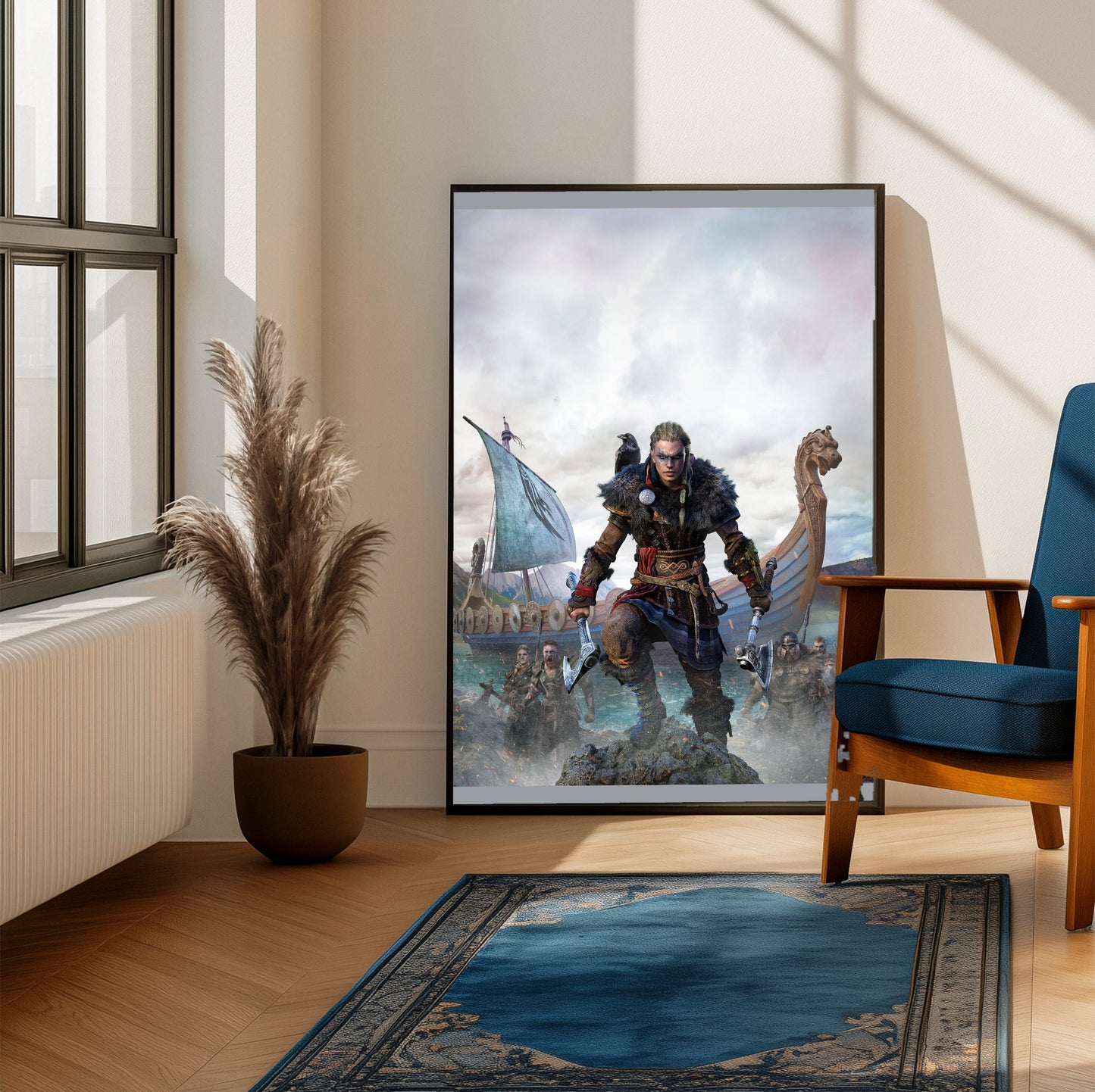 Assassin's Creed Valhalla female Eivor cover art framed beside a blue armchair in a sunlit room