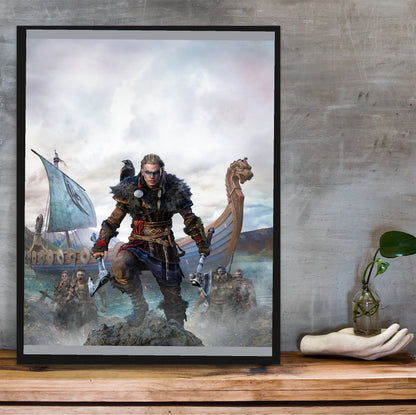 Assassin's Creed Valhalla female Eivor cover art in a black frame on a wooden shelf against concrete