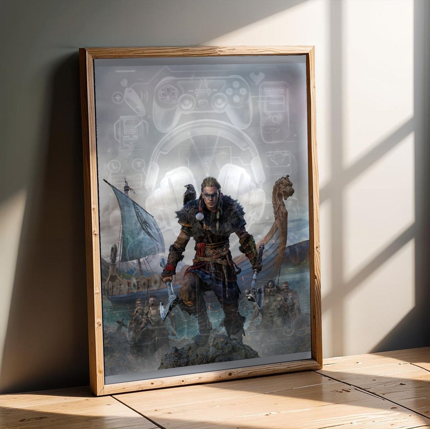 Assassin's Creed Valhalla female Eivor cover art in an oak frame leaning on a wooden floor