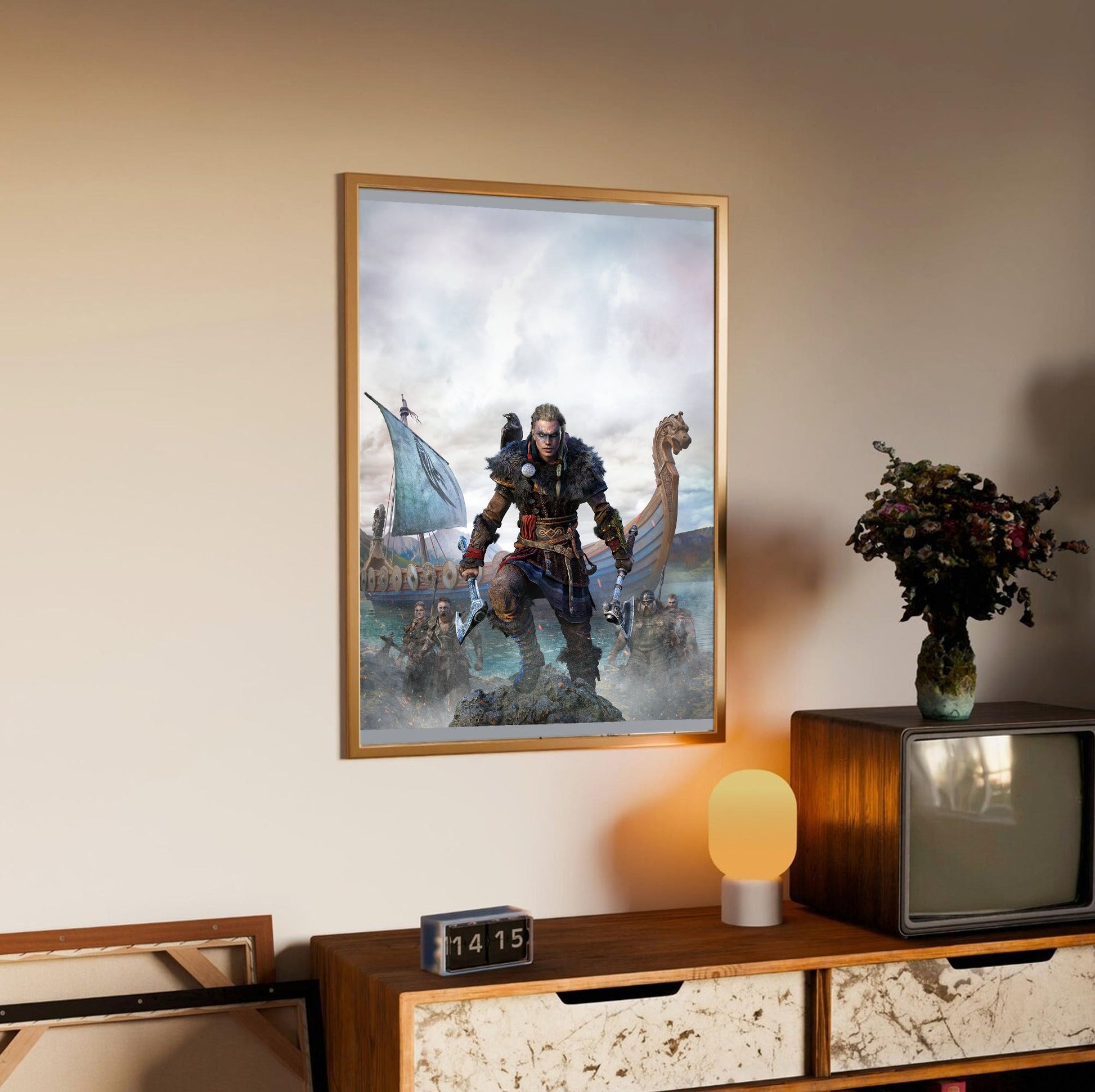 Assassin's Creed Valhalla female Eivor cover art in an oak frame above a sideboard