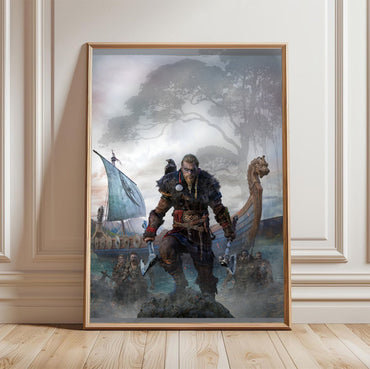Assassin's Creed Valhalla cover art in a light oak frame leaning against a white wall
