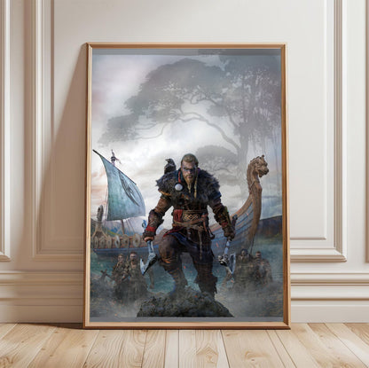 Assassin's Creed Valhalla cover art in a light oak frame leaning against a white wall