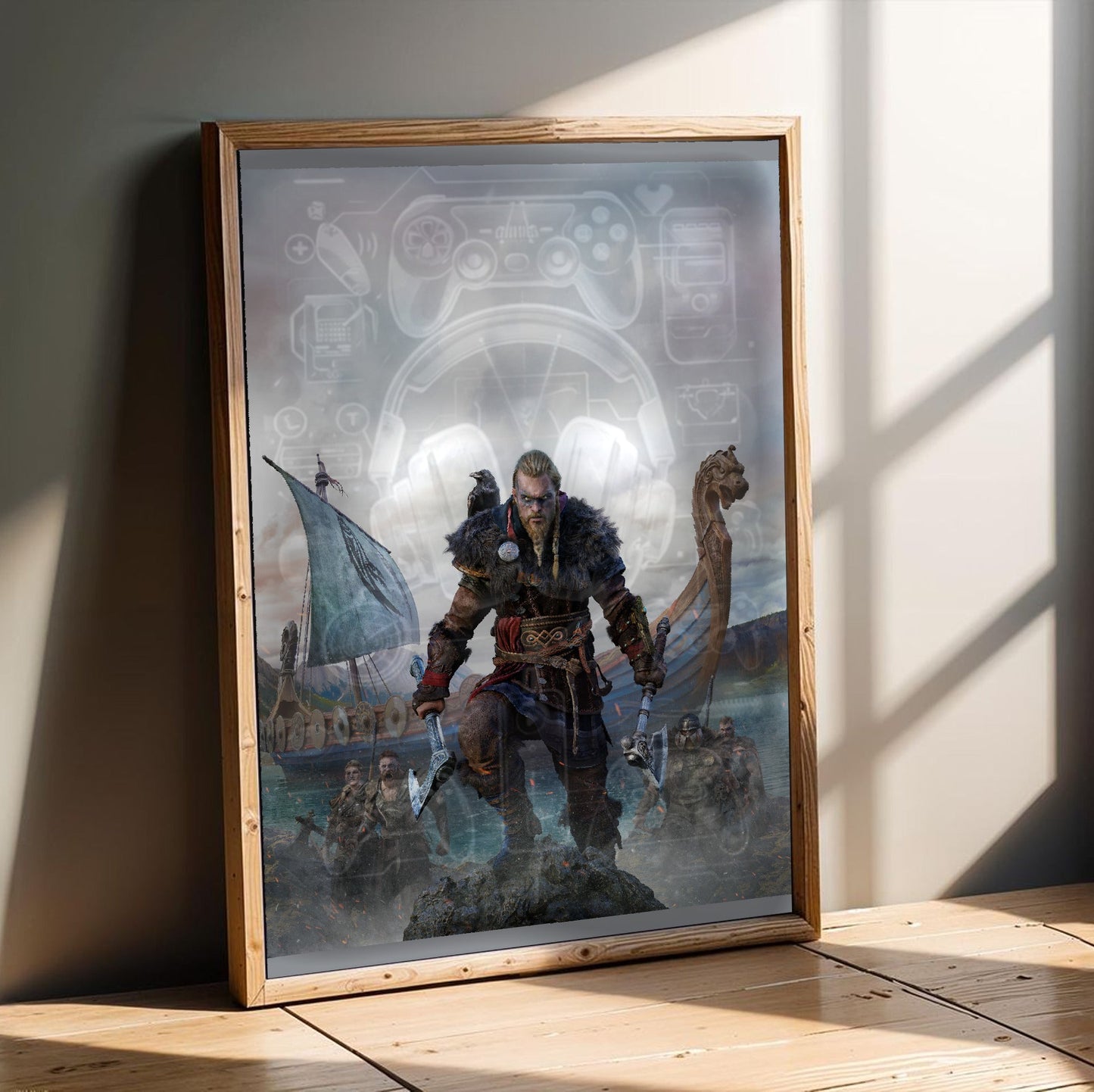 Assassin's Creed Valhalla cover art in an oak frame leaning on a wooden floor