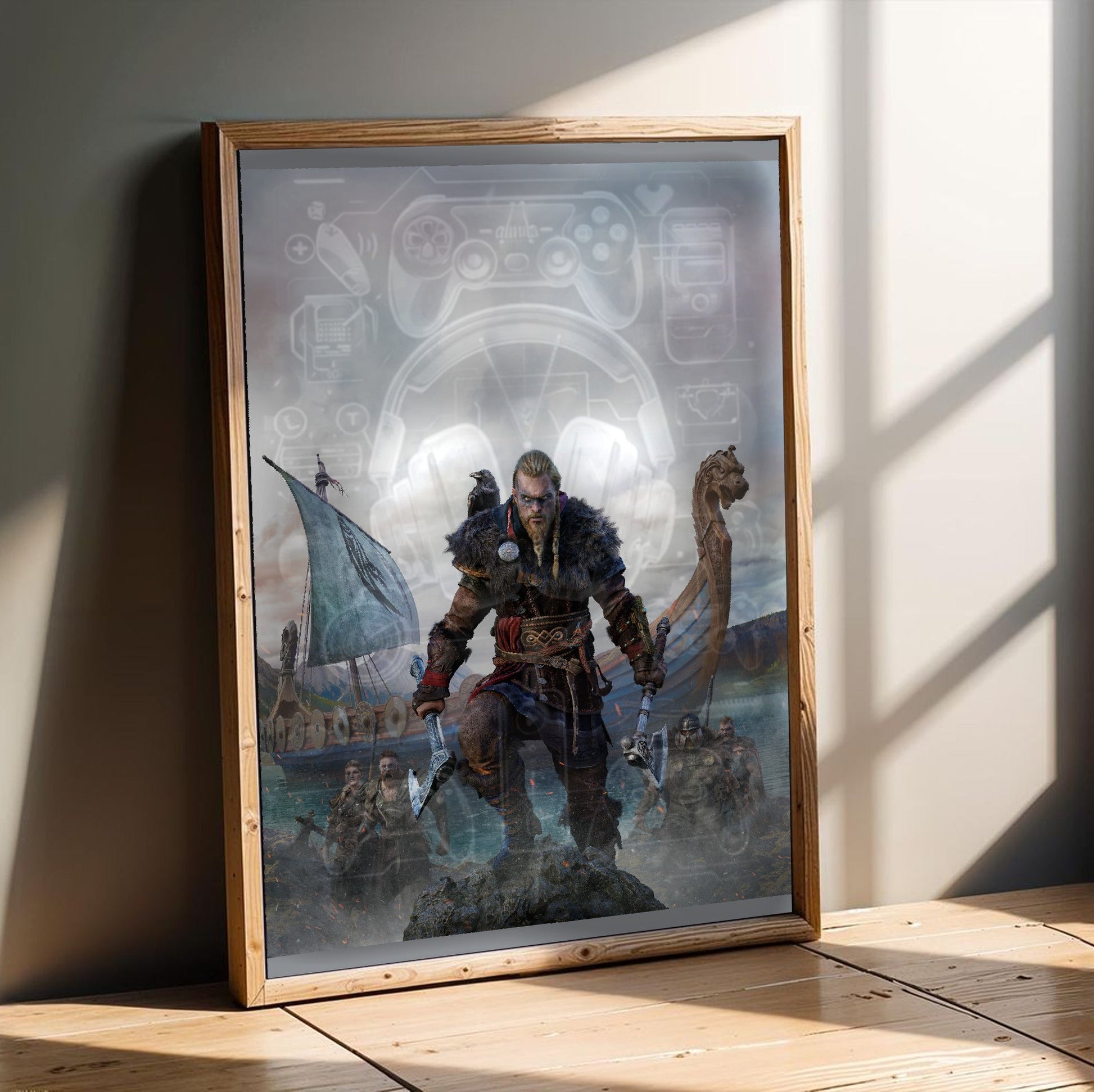 Assassin's Creed Valhalla cover art in an oak frame leaning on a wooden floor