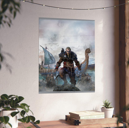 Assassin's Creed Valhalla cover art unframed on a white wall above a desk