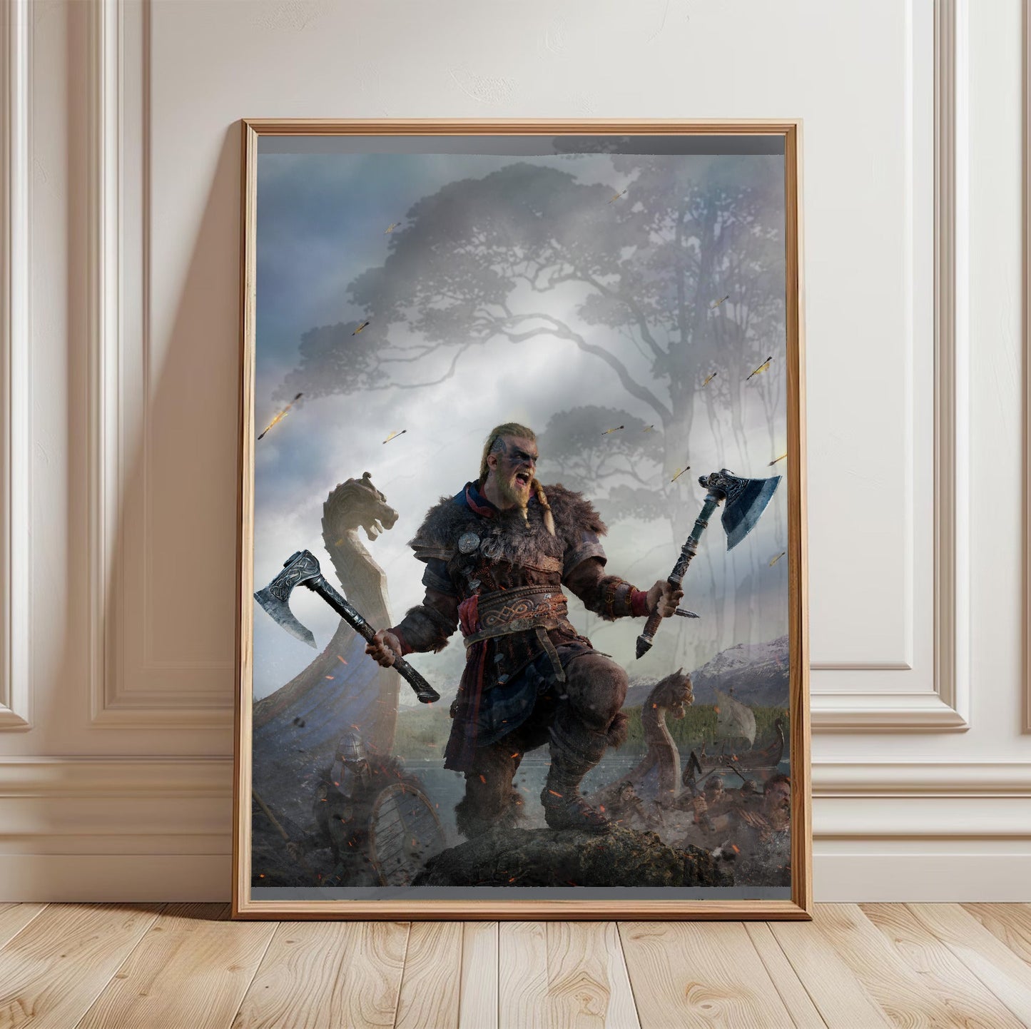 Assassin's Creed Valhalla key art in a light oak frame leaning against a white wall