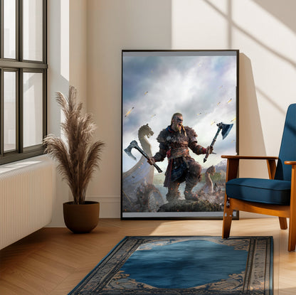 Assassin's Creed Valhalla key art framed beside a blue armchair in a sunlit room