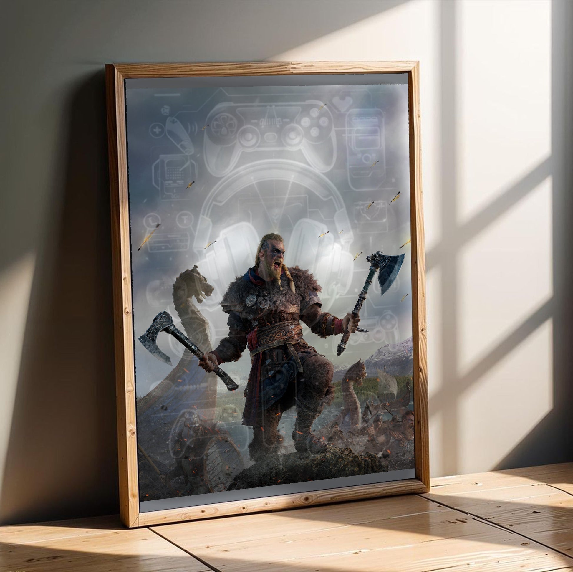 Assassin's Creed Valhalla key art in an oak frame leaning on a wooden floor